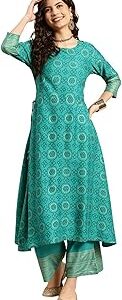 Green Rayon Printed A-line Kurta with Palazzo | Kurta Set for Women