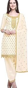 Women'S Chanderi Cotton With Embroidered Work Unstitched Salwar Suit (Off-White)