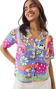 Official Peanuts: Carefree Women and Girls Short Sleeve Collared Neck Button Front Regular Fit Rayon Summer Shirts