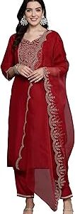 Women's Embroidered Silk Blend Straight Kurta & Palazzo With Dupatta Set (RRRRR9584)