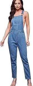 Women's Blue Solid Regular Fit Full Length Denim Dungaree