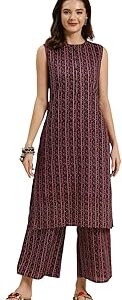 Navy Blue Cotton Printed Straight Kurta with Palazzo | Kurta Set for Women