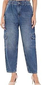 Womens High-Rise Denim Cargo Pants ? Relaxed Fit, Tapered Leg, Utility Pockets & Vintage Wash ? Perfect for Casual, Streetwear & Travel