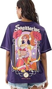 Zodiac: Sagittarius Women and Girls Short Sleeve Round Neck Purple Graphic Printed Cotton Oversized T-Shirts