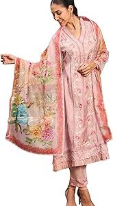 Women's Embroidered Organza Calf Length A-Line Kurta Pant With Dupatta Set (Kh9Mu7879)