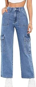 Women Wide Leg Flap Pocket Cargo Jeans | Regular Fit Jeans for Women | Jeans Pant for Women High Waist