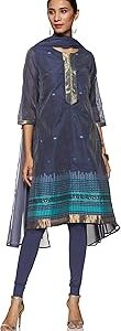 Women Navy Blue Poly Metallic Cotton Straight Suit Set