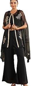 Women's Black Georgette Zari Embroidered Crop Top With Pant & Cape Set