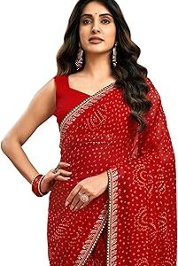 Women's Georgette Bandhani Printed Saree, Traditional Wedding Sarees For Women With Unstitched Blouse Piece