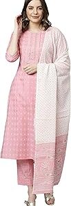 Women's Light Pink Cotton Kurta with Pant and Dupatta (SET369-KR-NP-XL)
