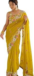 Women's Georgette Embroidered Saree With Unstitched Blouse (KESARI10805_KR_Parent)