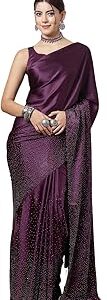 Women's Satin Silk Hot Fixing Stone Work Saree with Unstitched Blouse