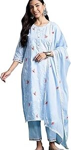 Women Pure Cotton Embroidered Straight Kurta Pant With Dupatta Set