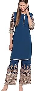 Women's Teal Poly Crepe Kurti With Palazzo