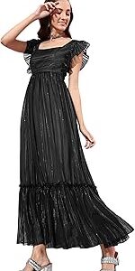 Women's Black Square Neck Layered Ruffles Sleeve Floral Patterned Tiered Georgette Maxi Dress
