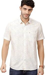 Men's Blended Linen White Printed Contemporary Fit Half Sleeve Casual Shirt