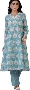 Blue Floral Printed A-line Pure Cotton Kurta and Pants Co-ord Set