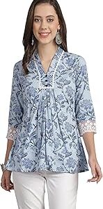 Women's Pure Cotton Floral Printed Short Top (JOPLJPR741-P_Sky Blue_P)