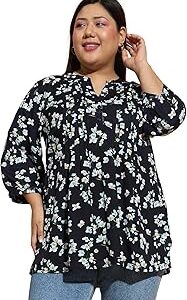 Women Plus Size Navy Blue Floral Print Top with Mandarin Collar & Three-Quarter Sleeves Pary Wedding Festivals 2XL / 3XL / 4XL / 5XL / 6XL / 7XL / 8XL