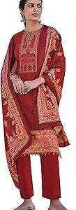 Women's Unstitched Woollen Pashmina Embroidered Salwar Suit Dress Material with Pashmina Printed Shawl Dupatta (Free size_Red)