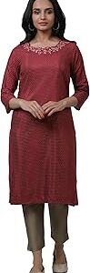 W Women's Dark Red Geometric Printed Synthetic Kurta and Leggings Set