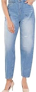 Women's High-Rise Relaxed Mom Fit Jeans ?Premium Denim, Subtle Distressed Detailing, Comfortable Stretch, Versatile for Casual Outings & Everyday Wear