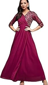 Women's V-Neck Three-Quarter Sleeve Self-Designed Wrap Maxi Georgette Dress
