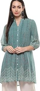 Women Teal Polyester Straight Printed Top