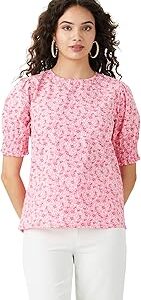 Women's Cotton Round Neck Puff Sleeve Regular Fit Top