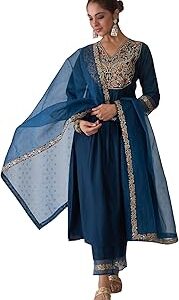 Women's Rayon Viscose Floral Embroidered A-line Kurta Palazzo & Dupatta Set