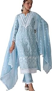 Women's Embroidered Pure Cotton Kurta Pant With Dupatta Set (Kh0Ph6072)