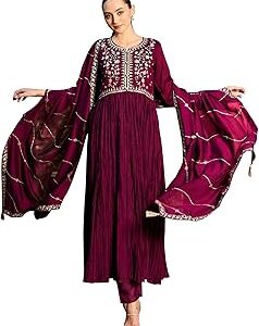 Women's Embroidered Silk Blend Floor Length A-Line Kurta With Palazzo & Dupatta Set (Kh9Wn9536)