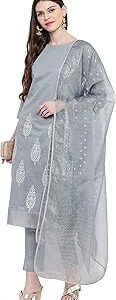 Women's Grey Poly Chanderi Kurta With Pant and Dupatta