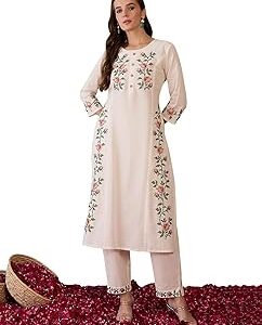 Women's Straight Pure Cotton Floral Embroidered Kurta & Pant Set (IESTR9860)