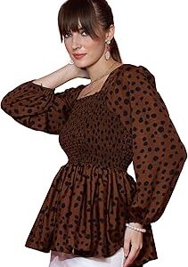 Women's Casual Bishop Sleeves Polka Print Peplum Top