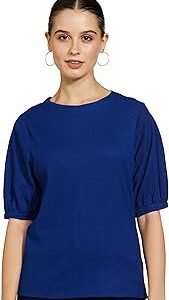 Womens Solid Polyester Blend Round Neck Regular Fit Top