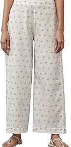 Women Ecru Floral Printed Parallel Regular Pants with Lace