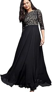 Women's Self Design Boat Neck 3/4 Sleeves Side Pocketed Georgette Fit and Flare Maxi Length Dress