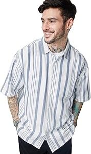 | Solids: White and Grey Stripes Mens and Boys Shirts|Half Sleeve|Oversized fit Stripes|100% Cotton (Poplin) Multicolored Men Oversized Shirts Shirt For Men Casual Half Sleeves Regular