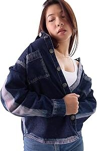 Aster Denim Women and Girls Long Sleeves Collared Neck Button Front Blue Cotton Oversized Shackets