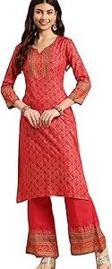 Red Rayon Printed Straight Kurta with Palazzo | Kurta Set for Women