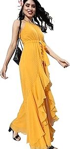 Women's Mustard-Yellow Halter Neck Sleeveless Solid Ruffled Regular Jumpsuit