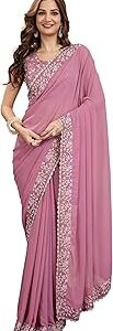 Women's Georgette Embroidery Sequin Work Saree with Unstitch Blouse Piece