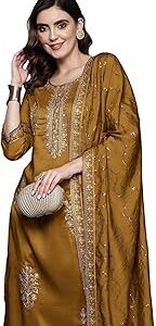 Women's Cotton Blend Embroidered Straight Kurta Pant And Dupatta Set