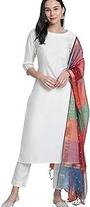 Women's Off-White Poly Silk Solid Kurta with Pant and Dupatta