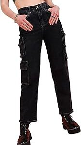 Fashion Women Cargo Jeans | High Waist Stretchable Wide Leg Straight Fit Denim| Boyfriend Jeans for Women(SL-WJ-1218)