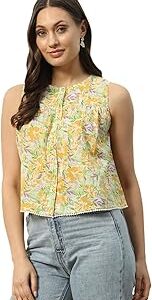 Women's Floral Cotton Regular Fit Top With Lace Detail
