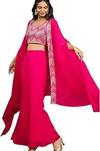 Women's Pink Georgette Sequined Crop Top With Pant & Cape Set