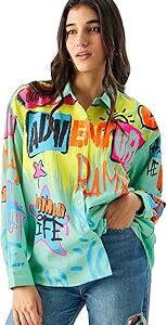 Wanderlust Women and Girls Long Sleeve Collared Neck Button Down Multicolor All Over Print Boyfriend Shirts