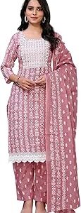 Cotton Embroidered Straight Calf Length Kurta with Pant and Dupatta | Kurta Set for Women